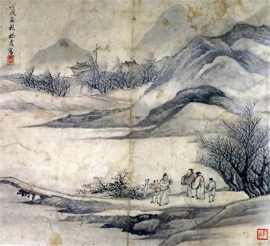 Three Chinese ink paintings after Song and Yuan old masters, largest image excluding brocade border 26.5cm x 32cm